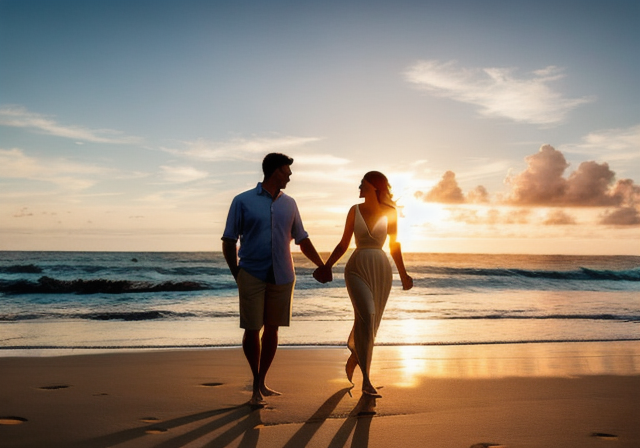 Casal de mãos dadas na praia ao pôr do sol