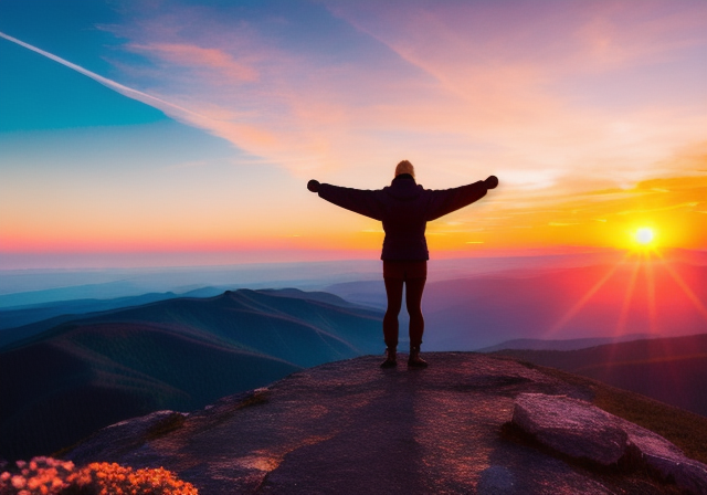 A person standing on a mountaintop with a beautiful sunrise in the background