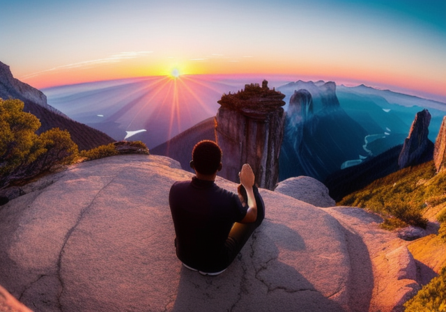 Person praying on top of a mountain at sunrise