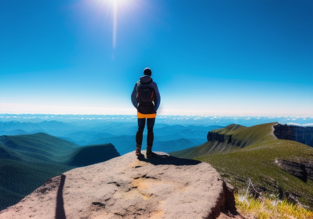 Imagem de uma pessoa em um pico de montanha, olhando para o horizonte com esperança e determinação
