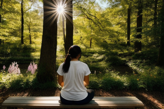 Person sitting on a bench in a contemplative pose in a serene natural landscape
