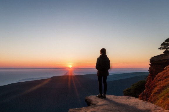 Person standing on a cliff, gazing at a beautiful sunset