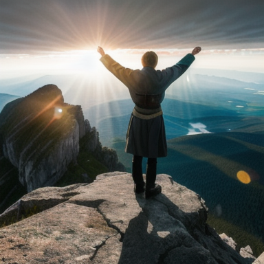 A person standing on a mountain, looking up towards the sky with arms outstretched in a posture of humility and surrender
