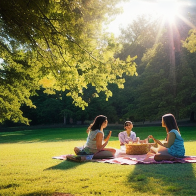 Group of friends enjoying a picnic in a scenic park