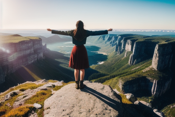 A person embracing freedom and peace on top of a mountain.