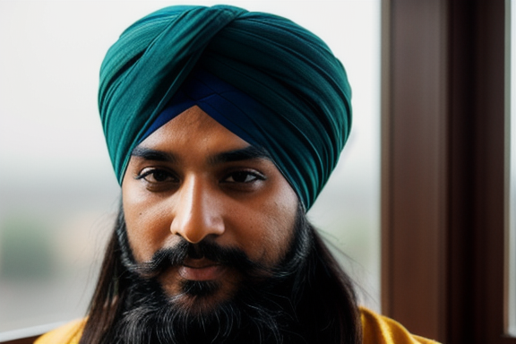 A Sikh man wearing a turban and sporting long hair