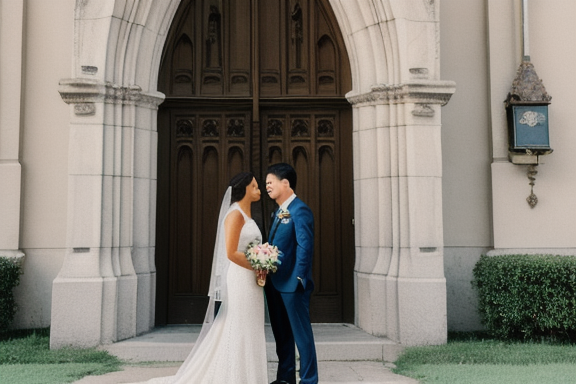 Loving couple in front of a church