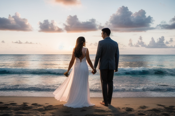 Casal de mãos dadas na praia ao pôr-do-sol