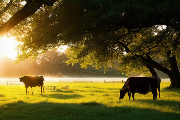 Imagem de uma paisagem serena com uma vaca pastando em um prado verde; a luz do sol dourada banha a cena, criando uma atmosfera tranquila e idílica