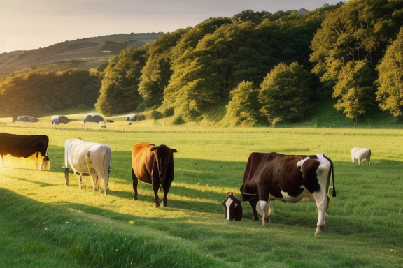 Cows grazing in a green pasture
