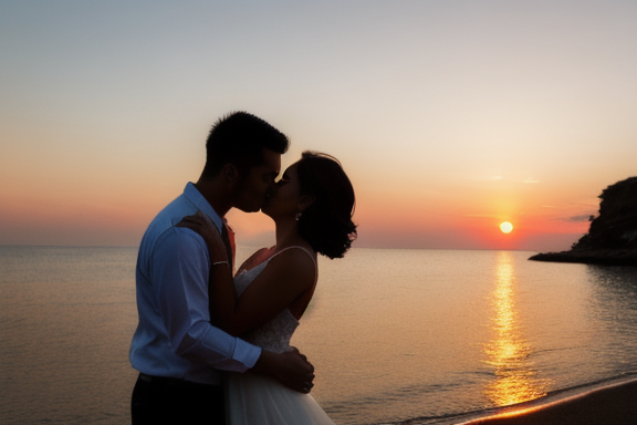 Loving couple embracing in sunset
