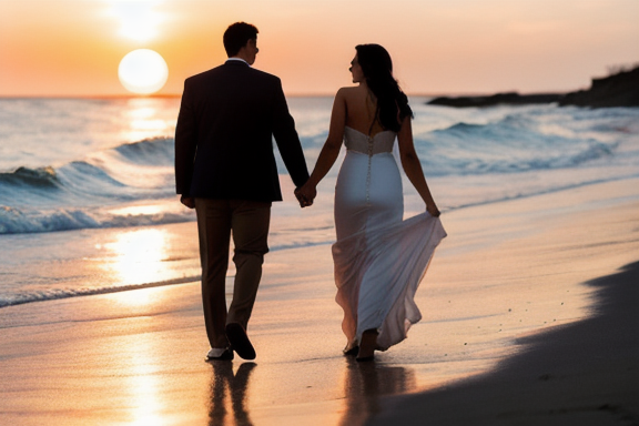 Casal feliz de mãos dadas em uma praia cênica, com o pôr do sol lançando um brilho quente sobre eles.