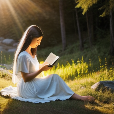 Imagem de uma mulher serena lendo a Bíblia, rodeada pela natureza e pela luz do sol