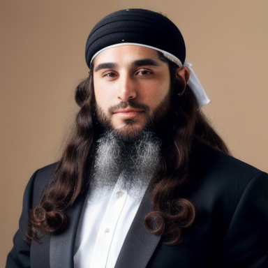 A Jewish man with long hair, wearing a traditional kippah