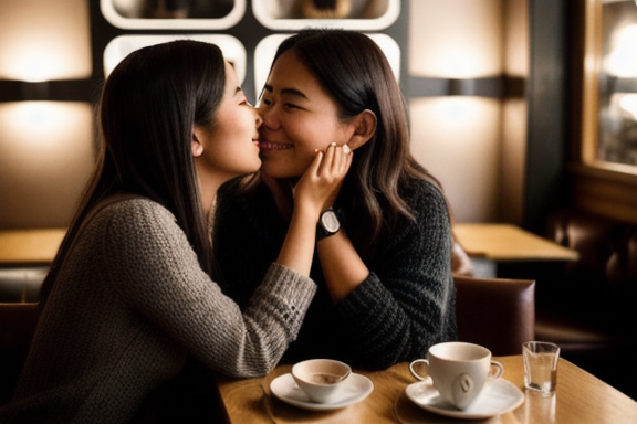 Image of two people whispering in a cozy café